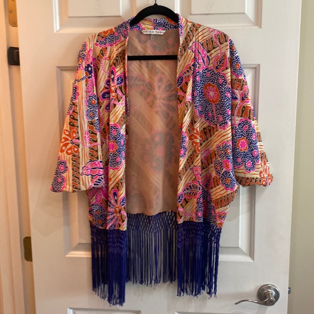 Trina Turk Silk Kimono Pink Orange Blue Floral Fringe